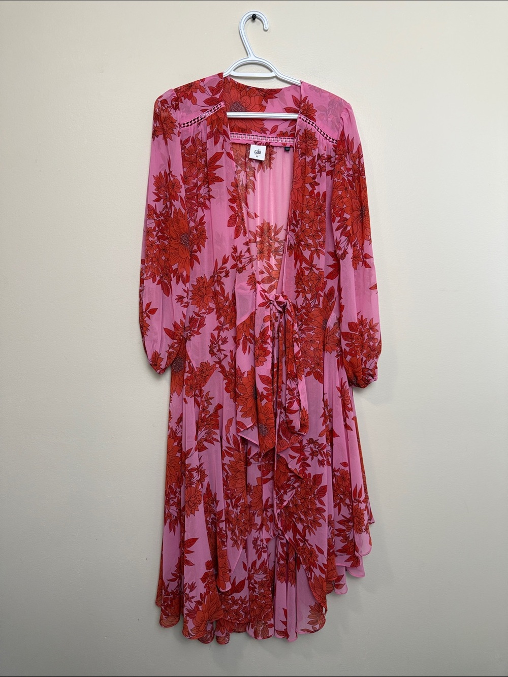 CAbi Pink Dress with Red Floral Print — High-Low Wrap size XS